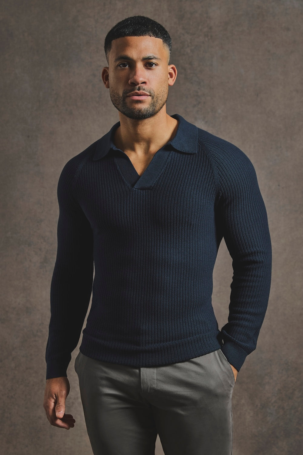 Cotton Textured Knitted Open Collar Polo Shirt in Navy