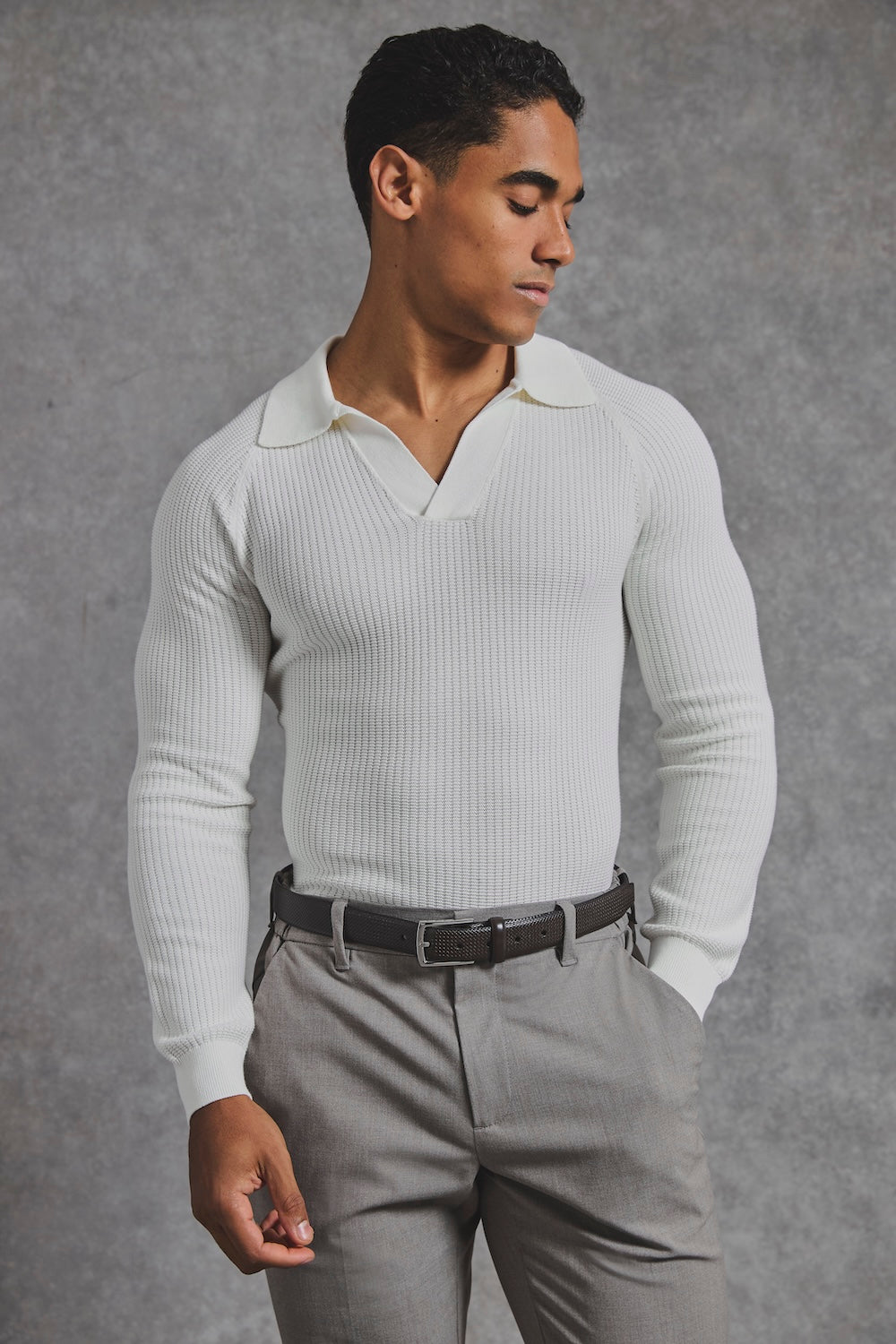 Cotton Textured Knitted Open Collar Polo Shirt in Winter White