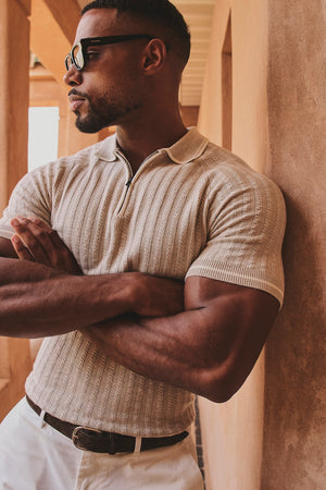 Tipped Cable Knitted Zip Polo Shirt in Neutral