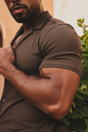 Linear Textured Cuban Collar Shirt in Chocolate