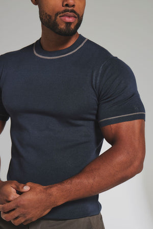 Contrast Tipped Knitted T-Shirt in Steel Blue and Grey