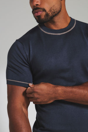 Contrast Tipped Knitted T-Shirt in Steel Blue and Grey