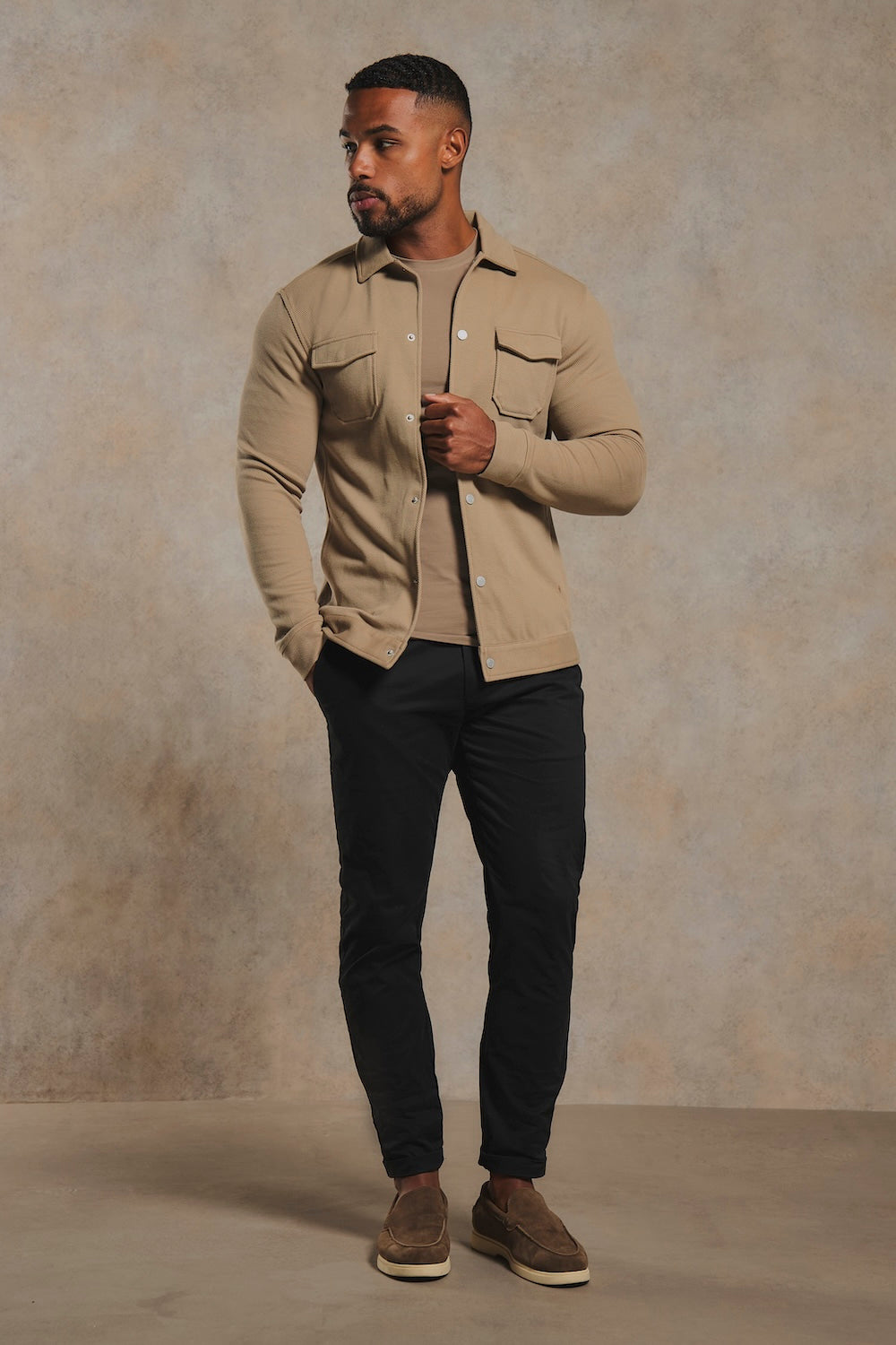 Twill Jersey Zip Through Shacket in Stone