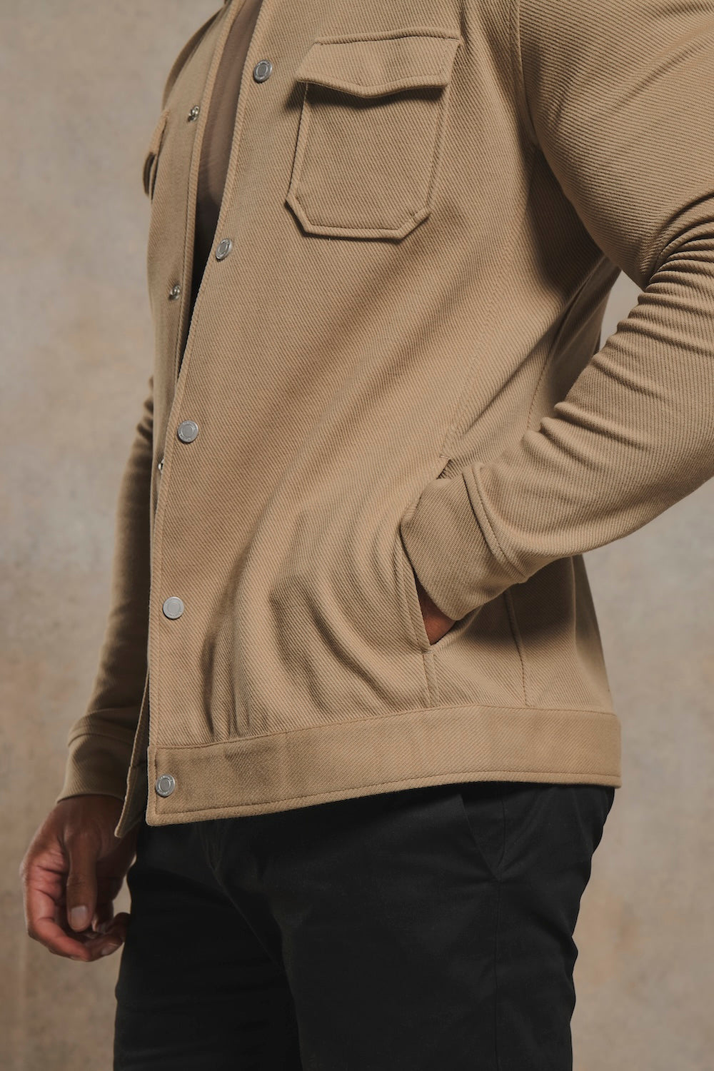 Twill Jersey Zip Through Shacket in Stone