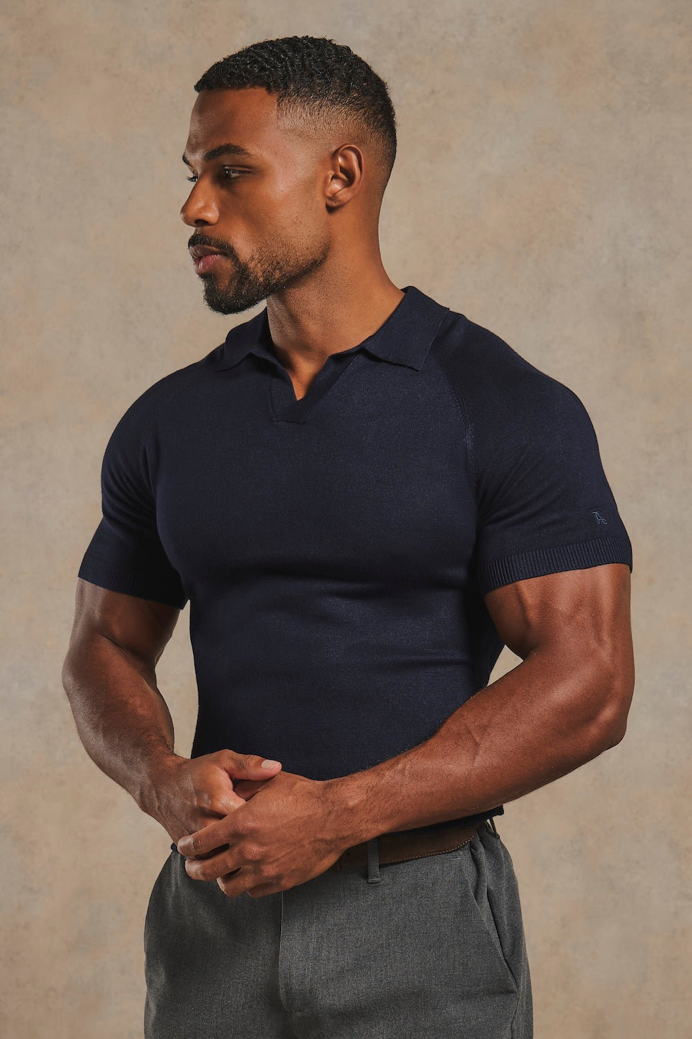Open Collar Knitted Polo Shirt in Navy