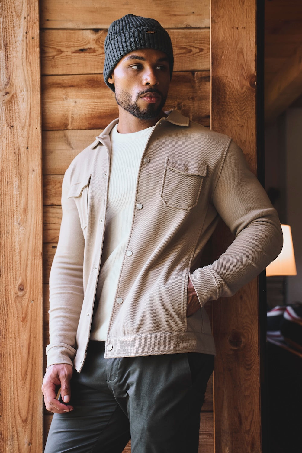 Textured Jersey Shacket in Dark Stone