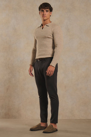 Fisherman Ribbed Open Collar Polo Shirt in Neutral Marl