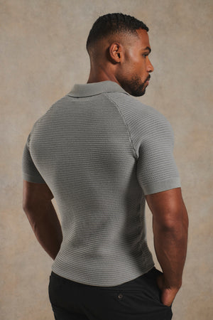Textured Knitted Open Collar Polo Shirt in Grey