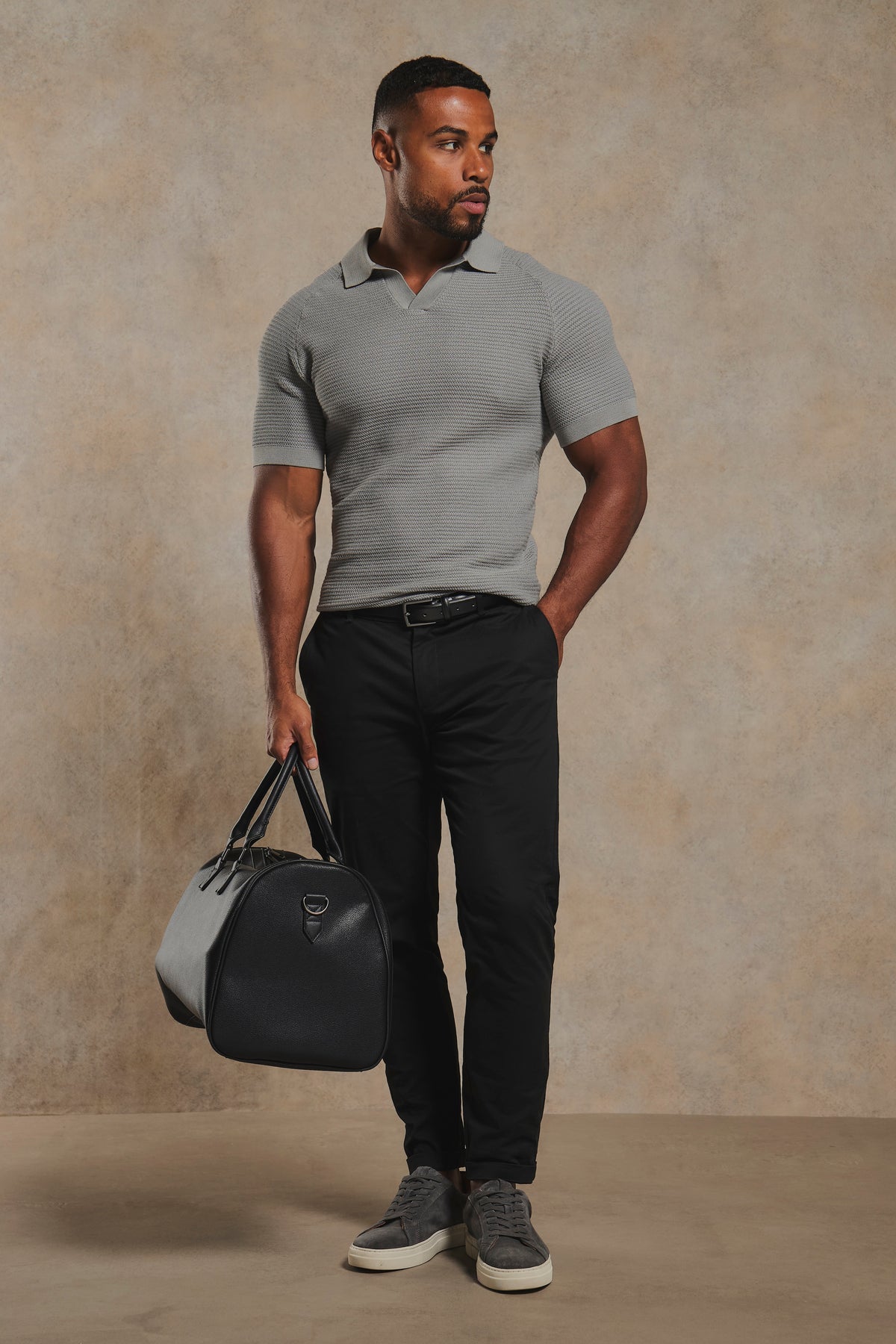 Textured Knitted Open Collar Polo Shirt in Grey