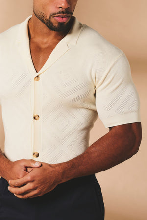 Diamond Jacquard Revere Collar Knitted Shirt in Ecru
