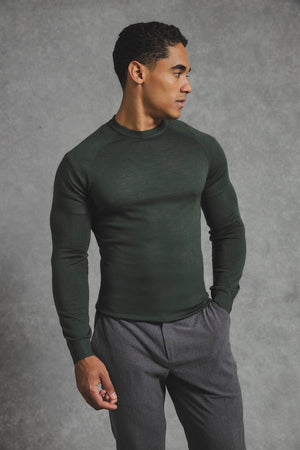 Extra Fine Merino Wool Crew Neck Jumper in Dark Evergreen