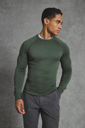 Pure Cotton Knitted Crew Neck Jumper in Khaki