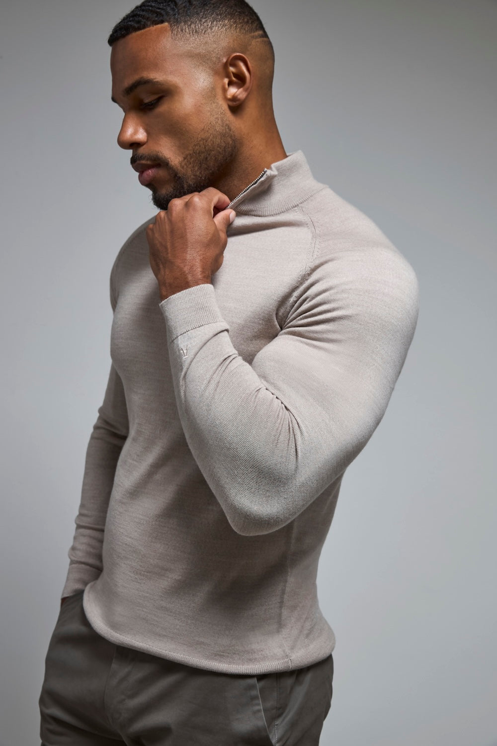 Extra Fine Merino Wool Half Zip Neck Jumper in Wheat Marl