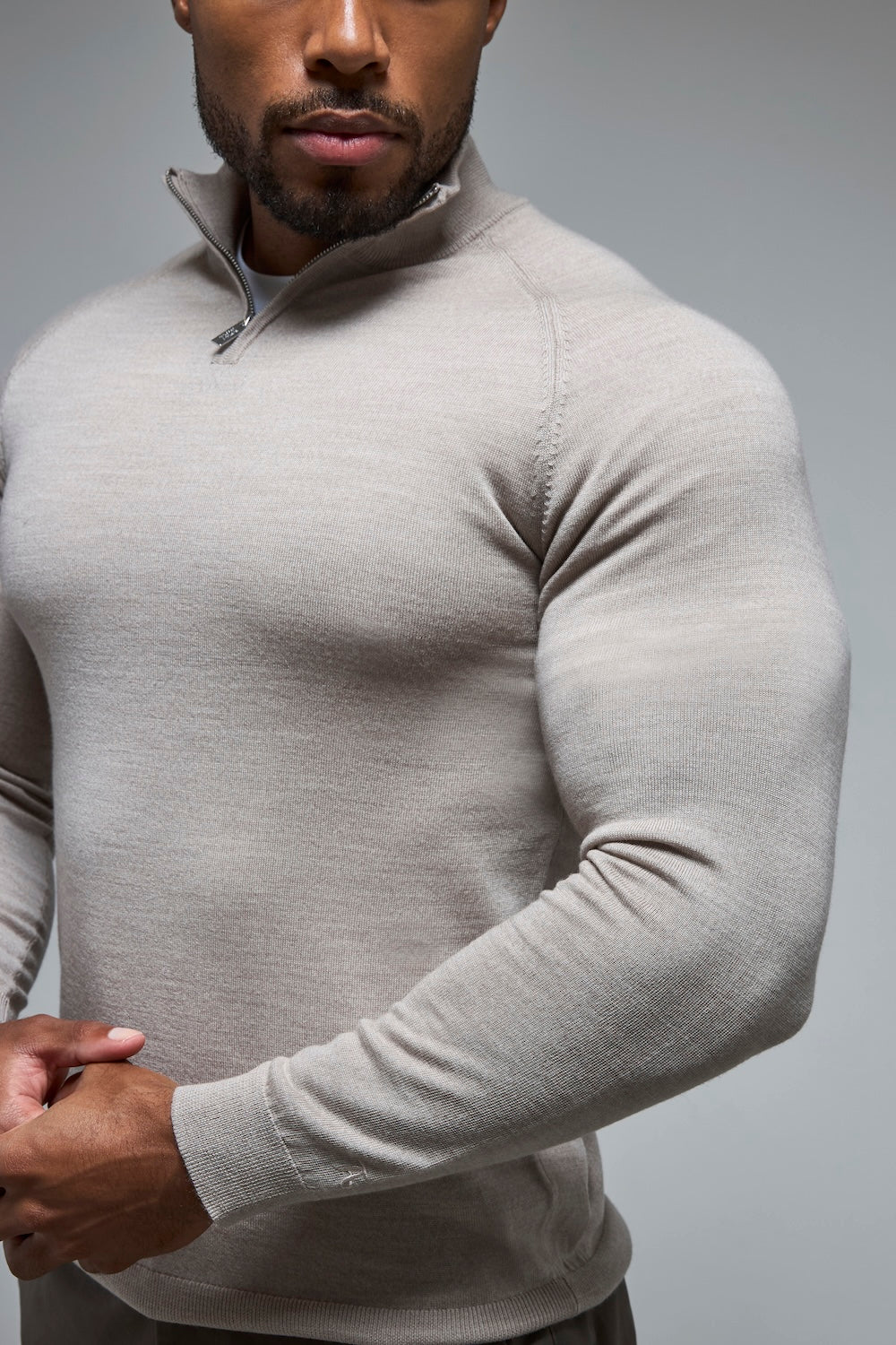 Extra Fine Merino Wool Half Zip Neck Jumper in Wheat Marl