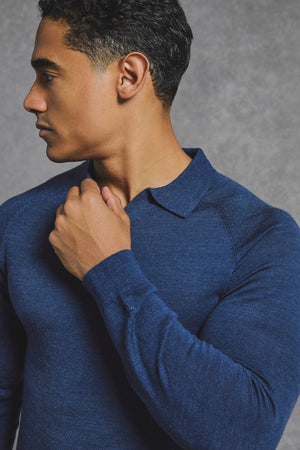 Extra Fine Merino Wool Open Collar Polo Shirt in Denim