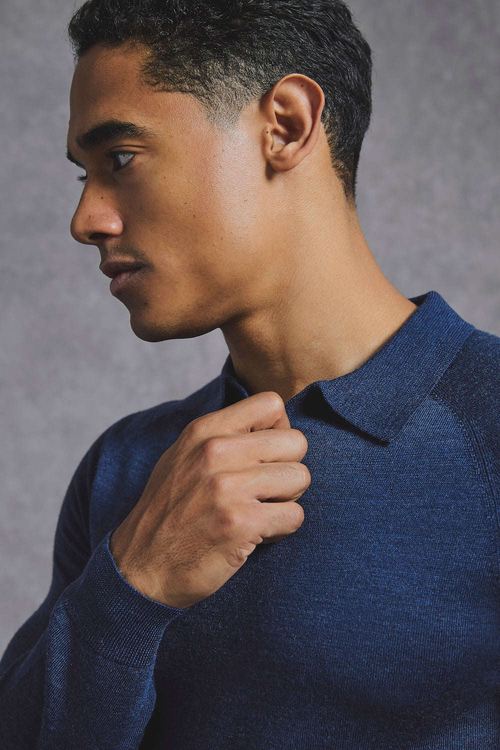 Extra Fine Merino Wool Open Collar Polo Shirt in Denim