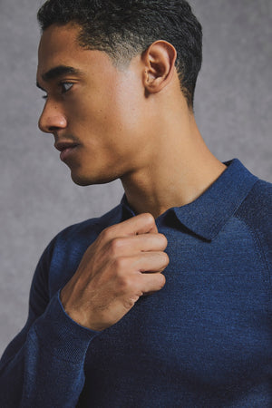 Extra Fine Merino Wool Open Collar Polo Shirt in Denim