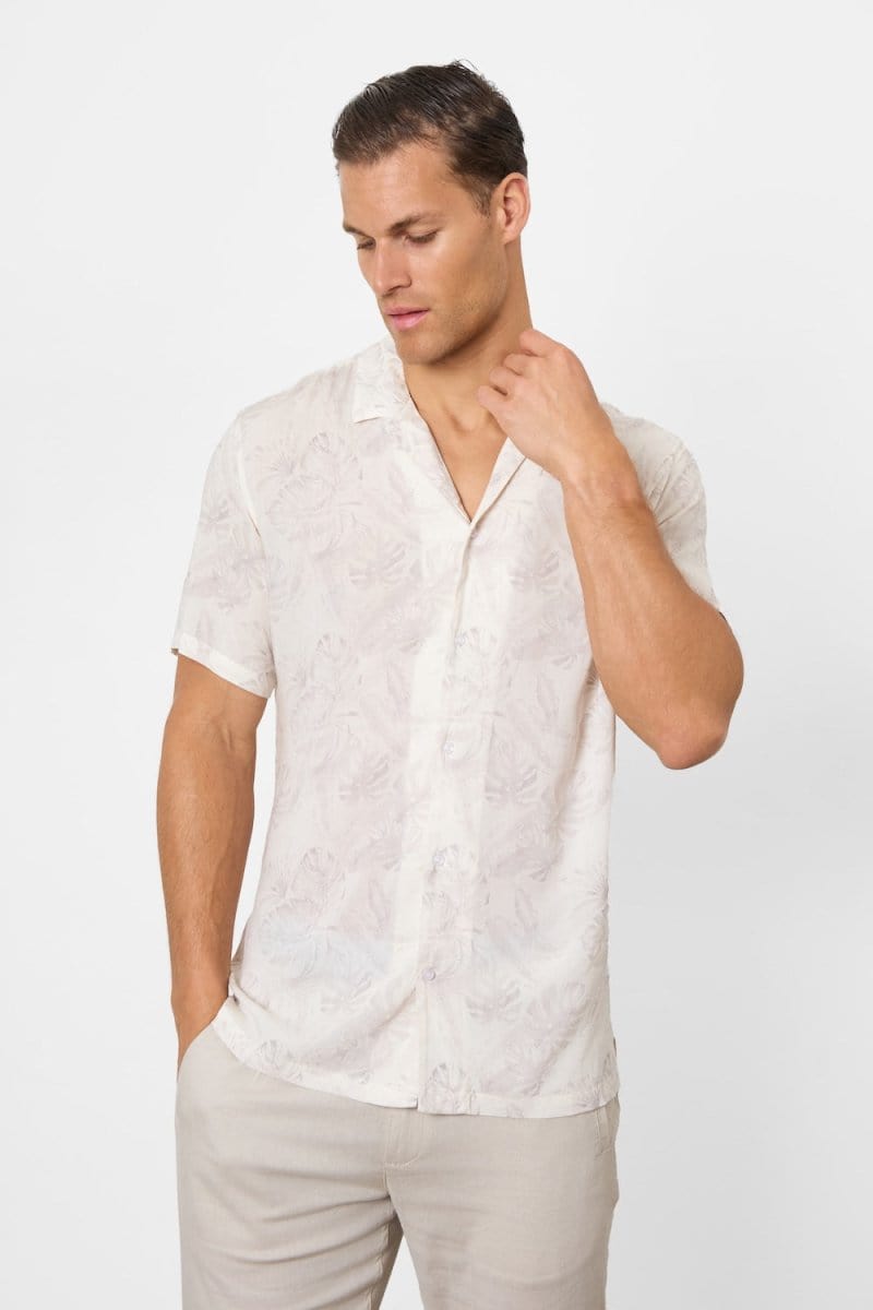 Printed Shirt in Stone Faded Tropical Leaves - TAILORED ATHLETE - ROW