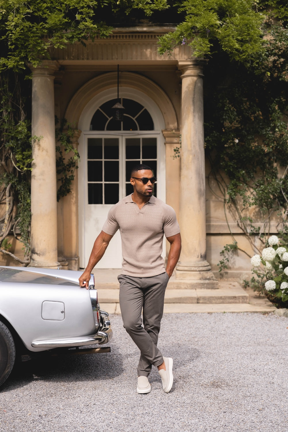 Fine Cable Knitted Polo Shirt in Stone