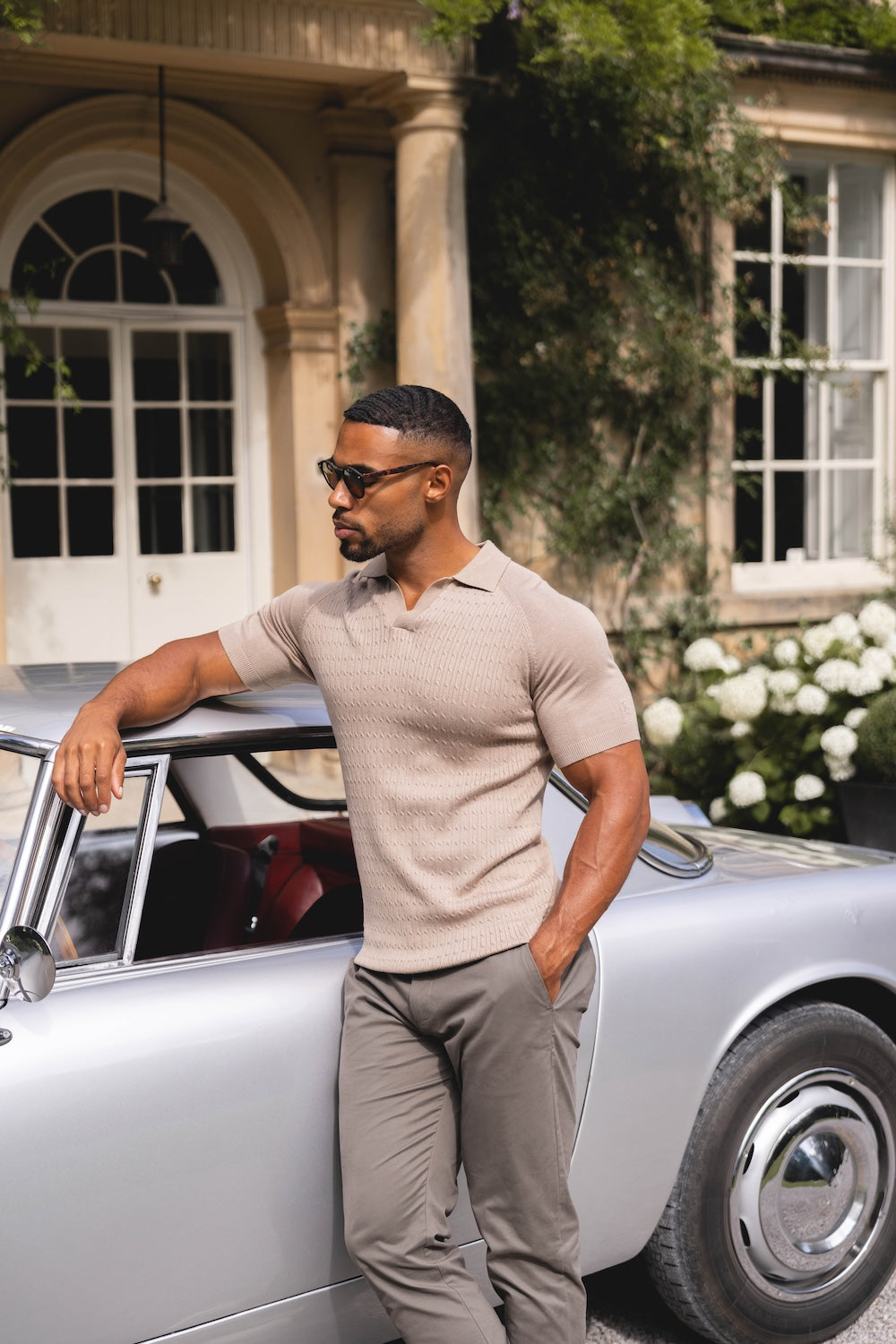 Fine Cable Knitted Polo Shirt in Stone