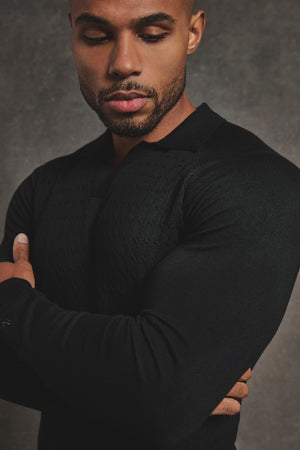 Fine Cable Knitted Polo Shirt in Black