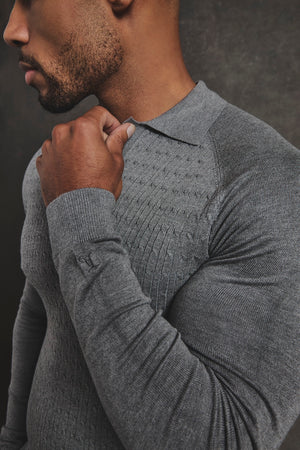 Fine Cable Knitted Polo Shirt in Grey Marl