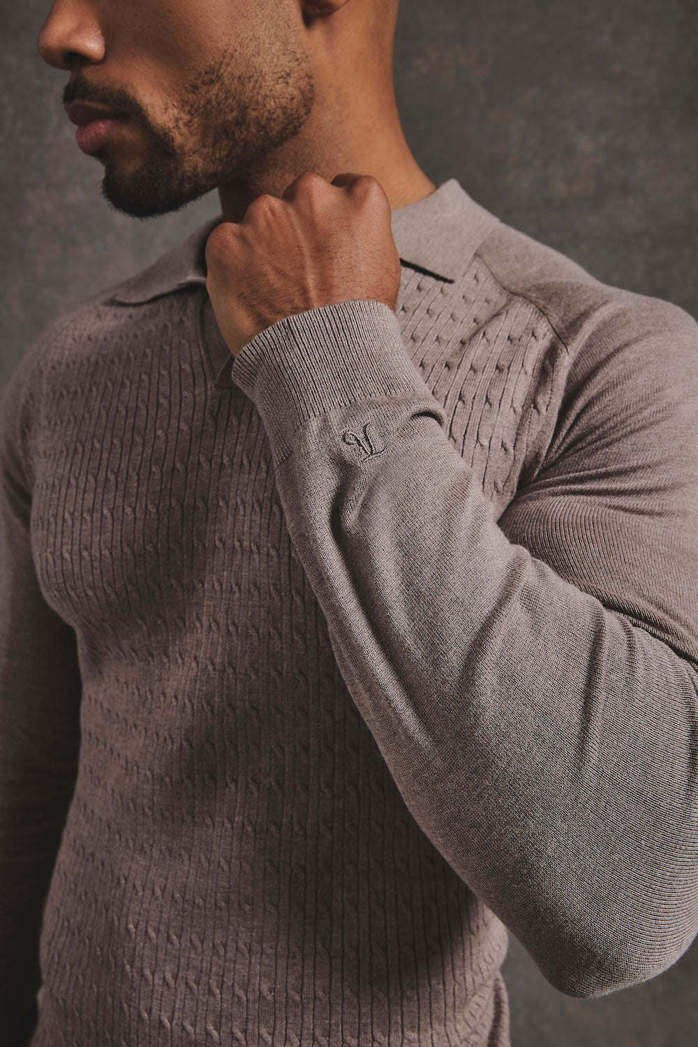 Fine Cable Knitted Polo Shirt in Neutral Marl