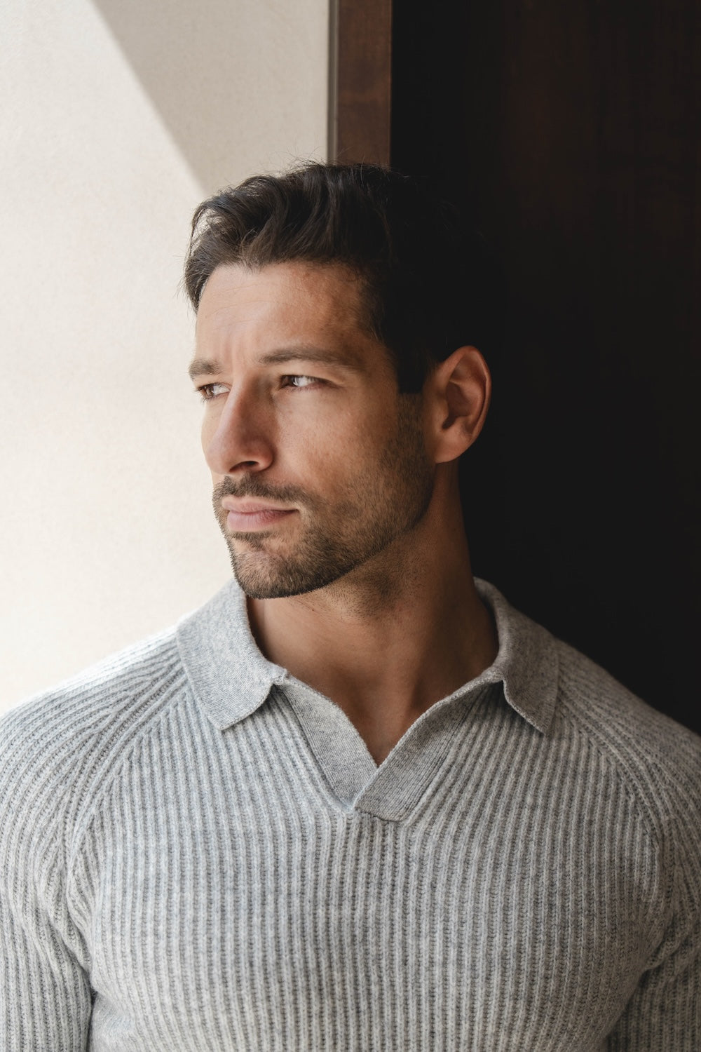 Fisherman Rib Open Collar Polo Shirt in Soft Grey Marl