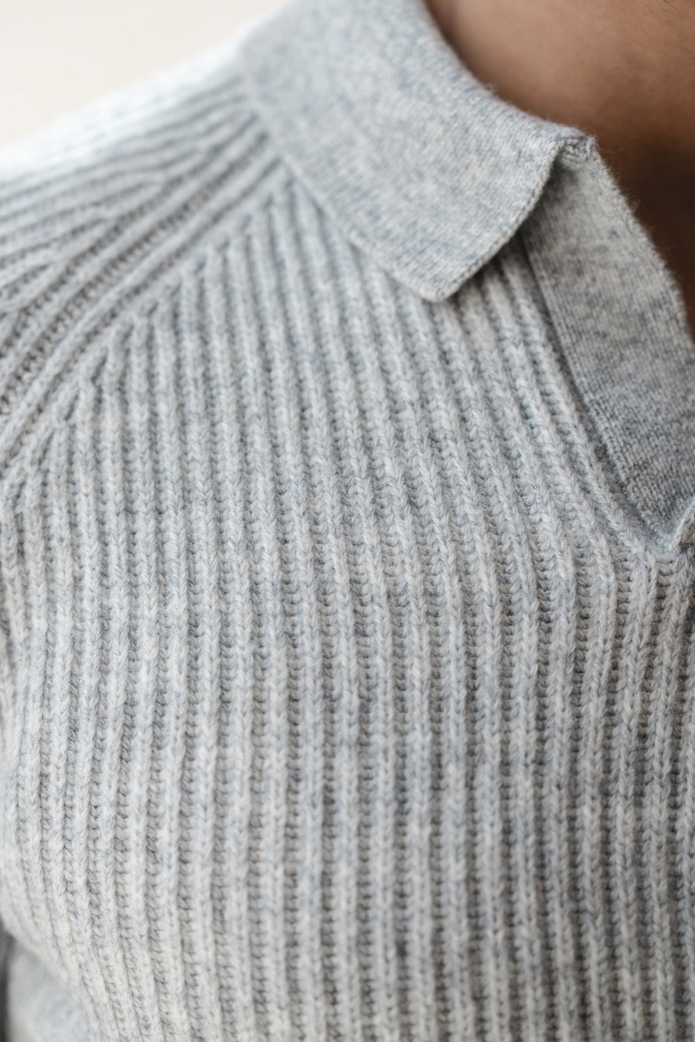 Fisherman Rib Open Collar Polo Shirt in Soft Grey Marl
