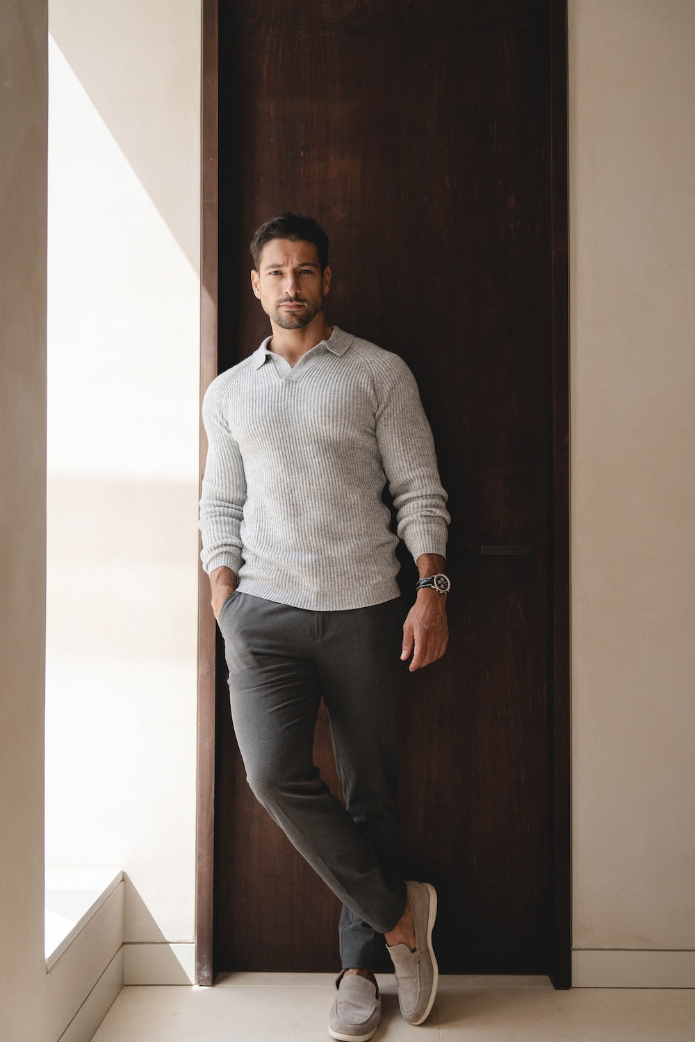 Fisherman Rib Open Collar Polo Shirt in Soft Grey Marl