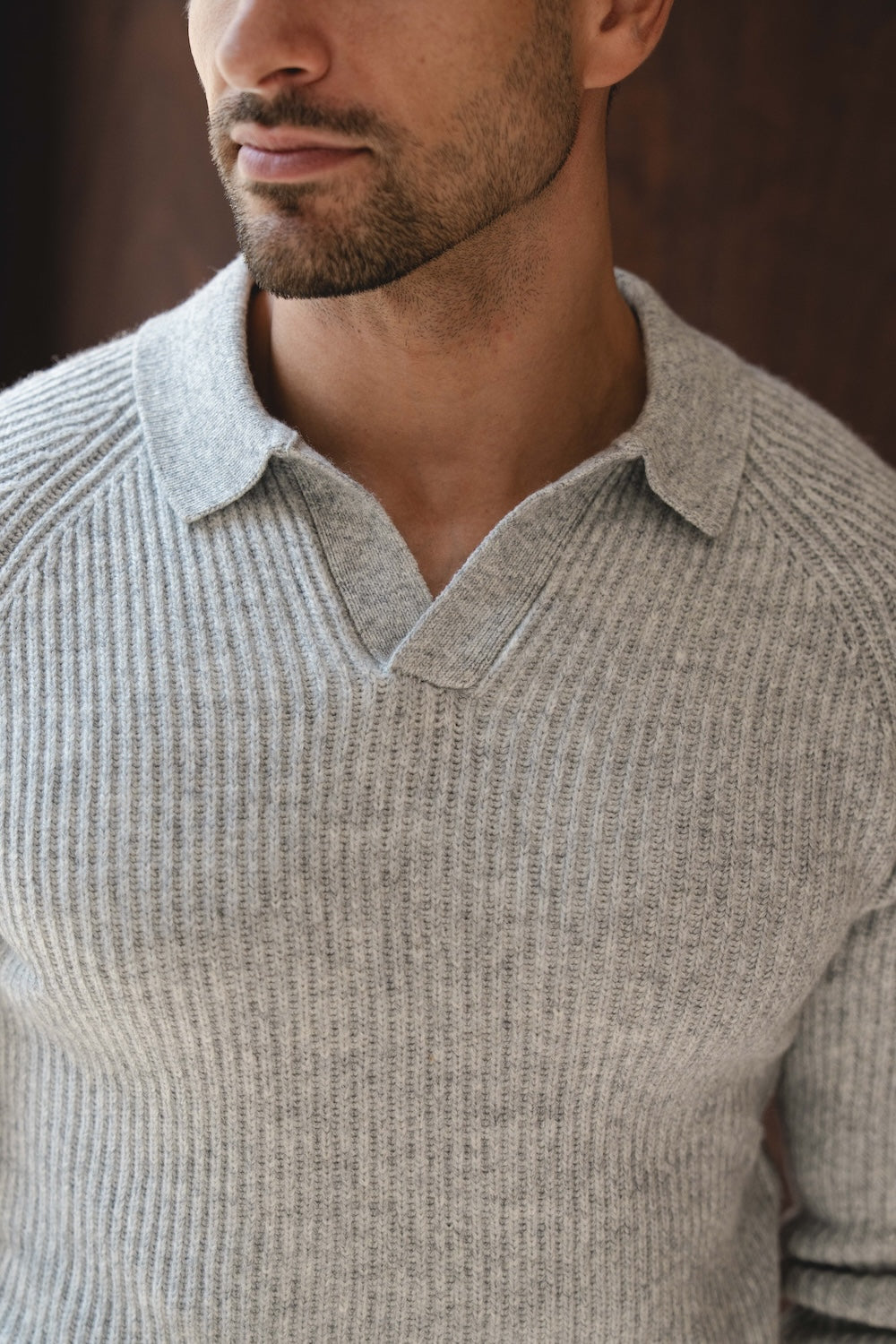 Fisherman Rib Open Collar Polo Shirt in Soft Grey Marl