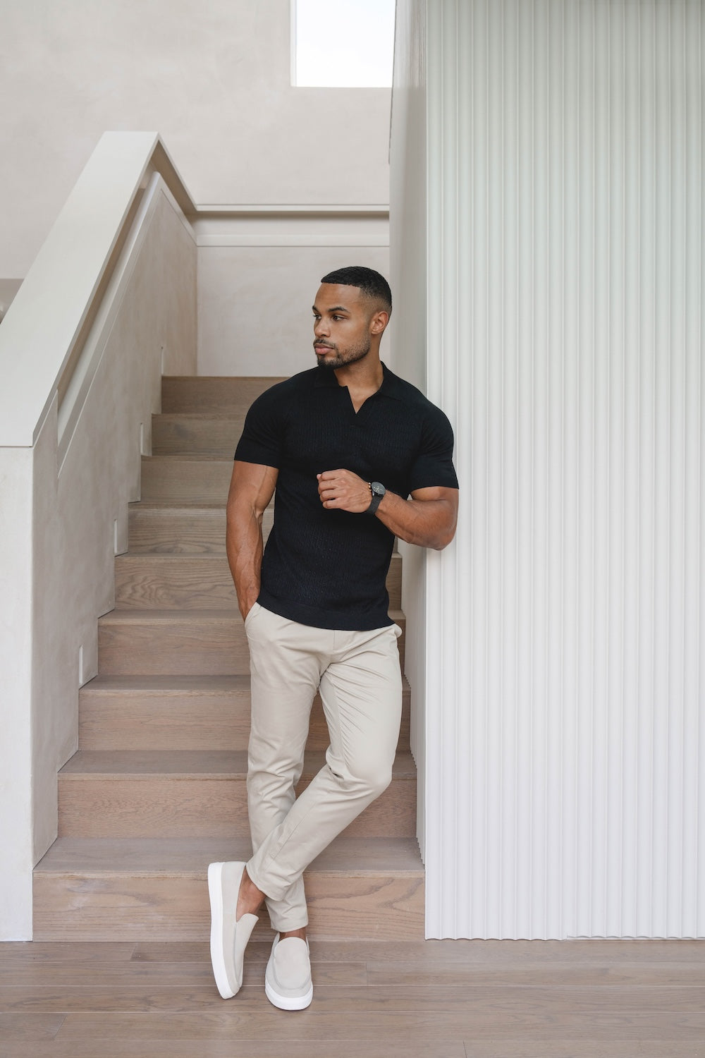 Fine Cable Knitted Polo Shirt in Black