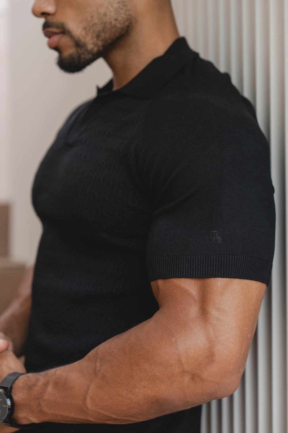 Fine Cable Knitted Polo Shirt in Black