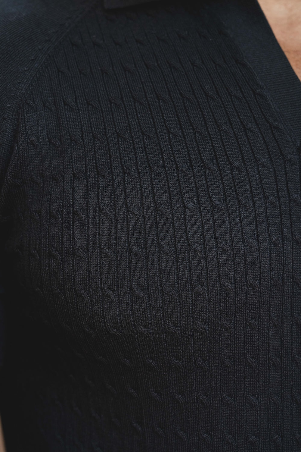 Fine Cable Knitted Polo Shirt in Black