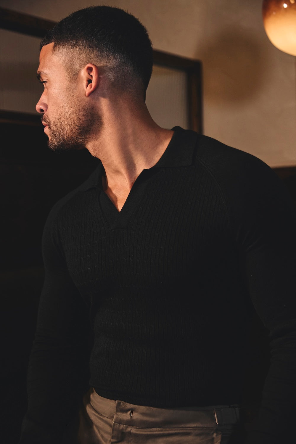 Fine Cable Knitted Polo Shirt in Black