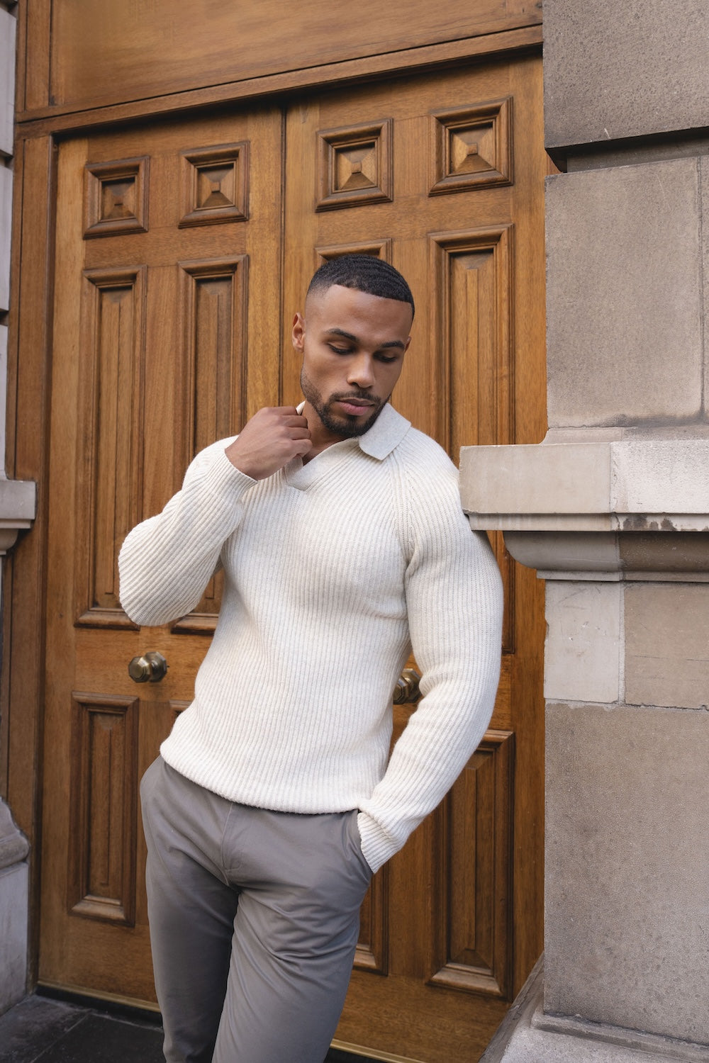 Fisherman Rib Open Collar Polo Shirt in Winter White