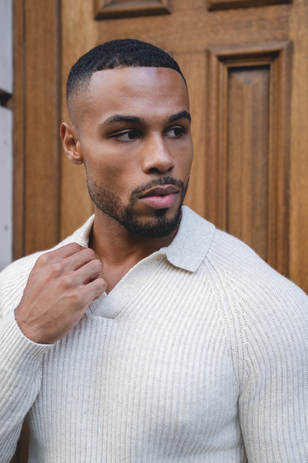 Fisherman Rib Open Collar Polo Shirt in Winter White