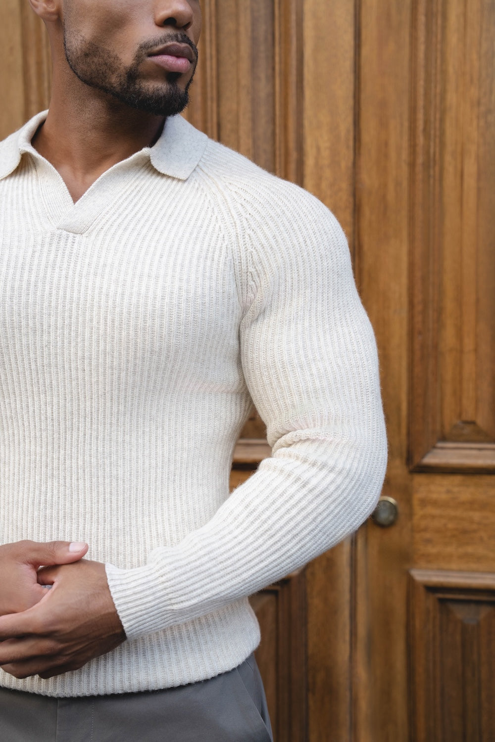 Fisherman Rib Open Collar Polo Shirt in Winter White