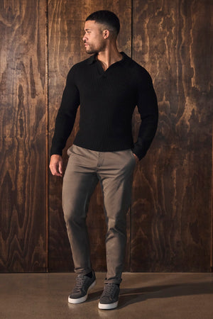 Fisherman Rib Open Collar Polo Shirt in Black