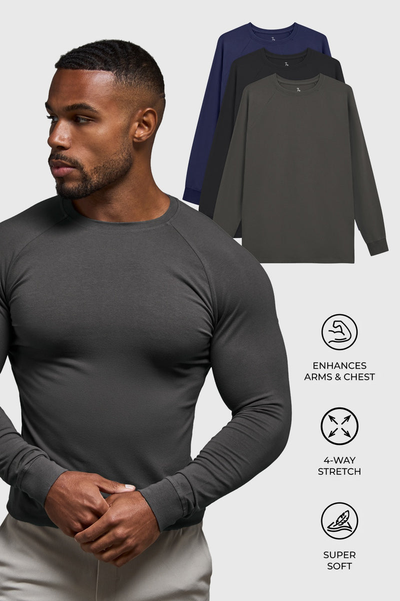 Muscle Fit 3 Pack Long Sleeve T-Shirt in Black, Navy & Charcoal