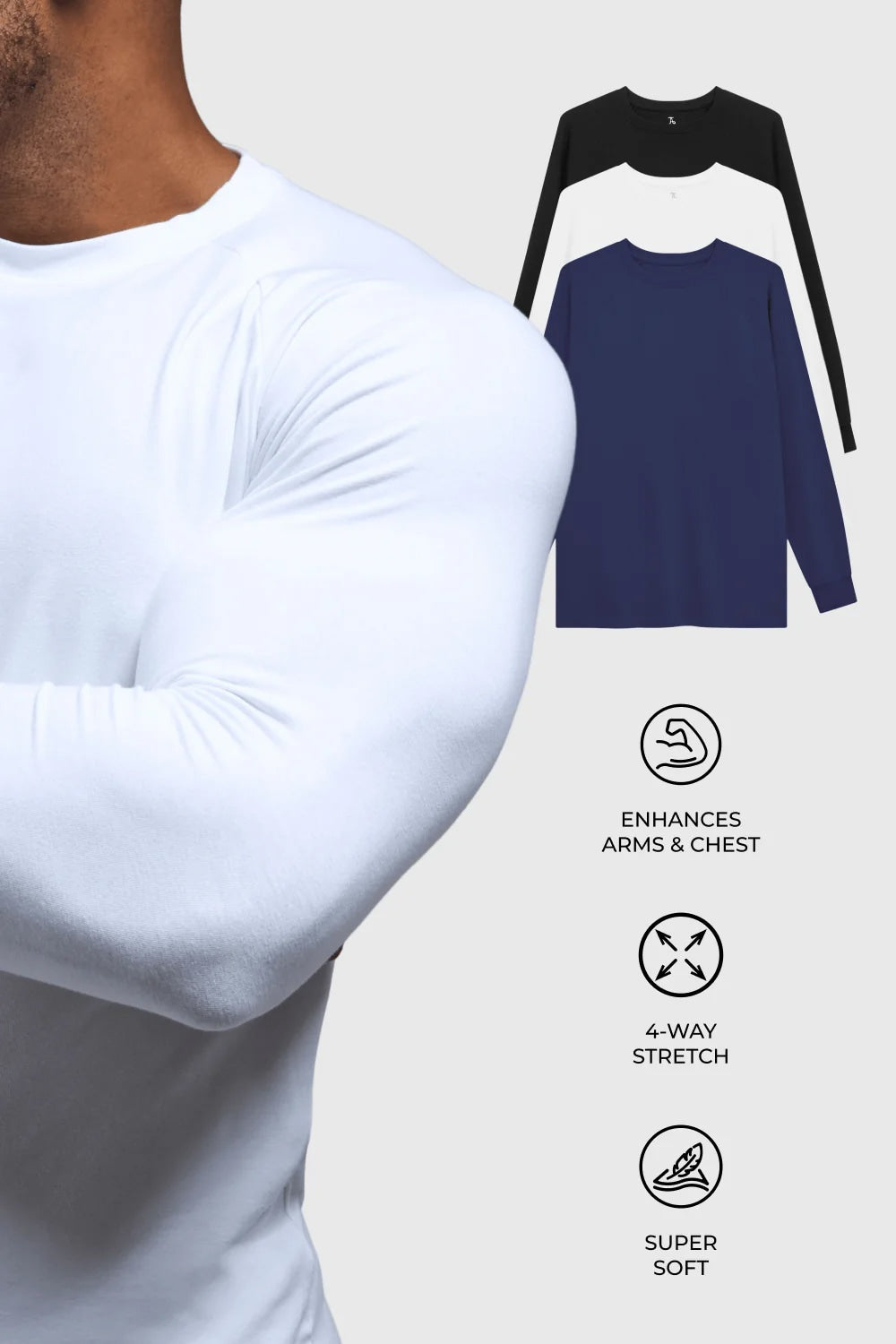 Muscle Fit 3 Pack Long Sleeve T-Shirt in Black, Navy & White
