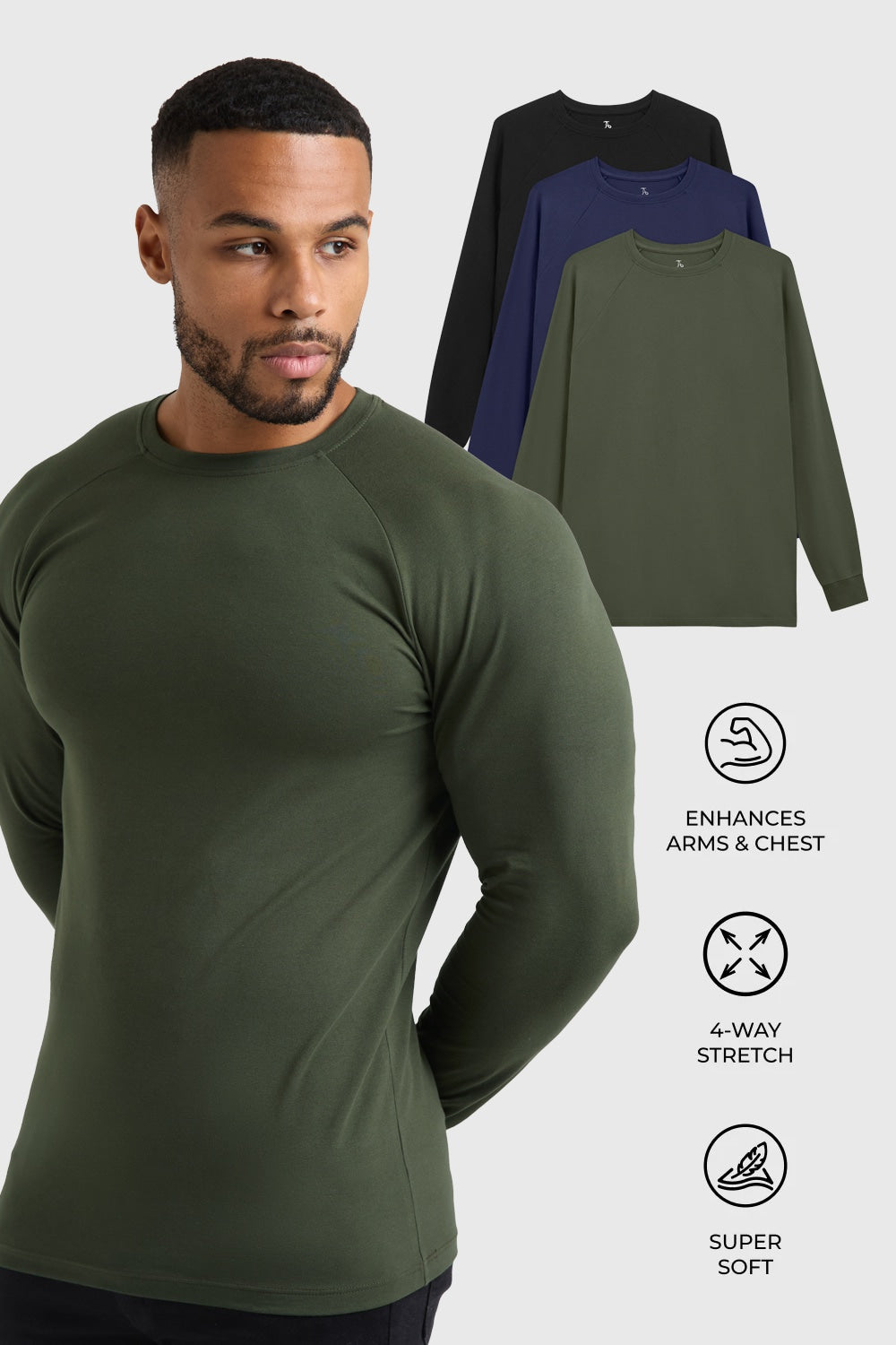 Muscle Fit 3 Pack Long Sleeve T-Shirt in Black, Navy & Khaki