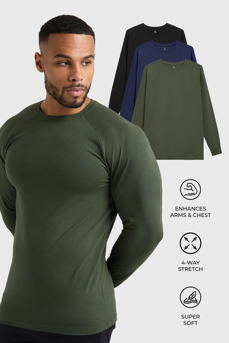 Muscle Fit 3 Pack Long Sleeve T-Shirt in Black, Navy & Khaki