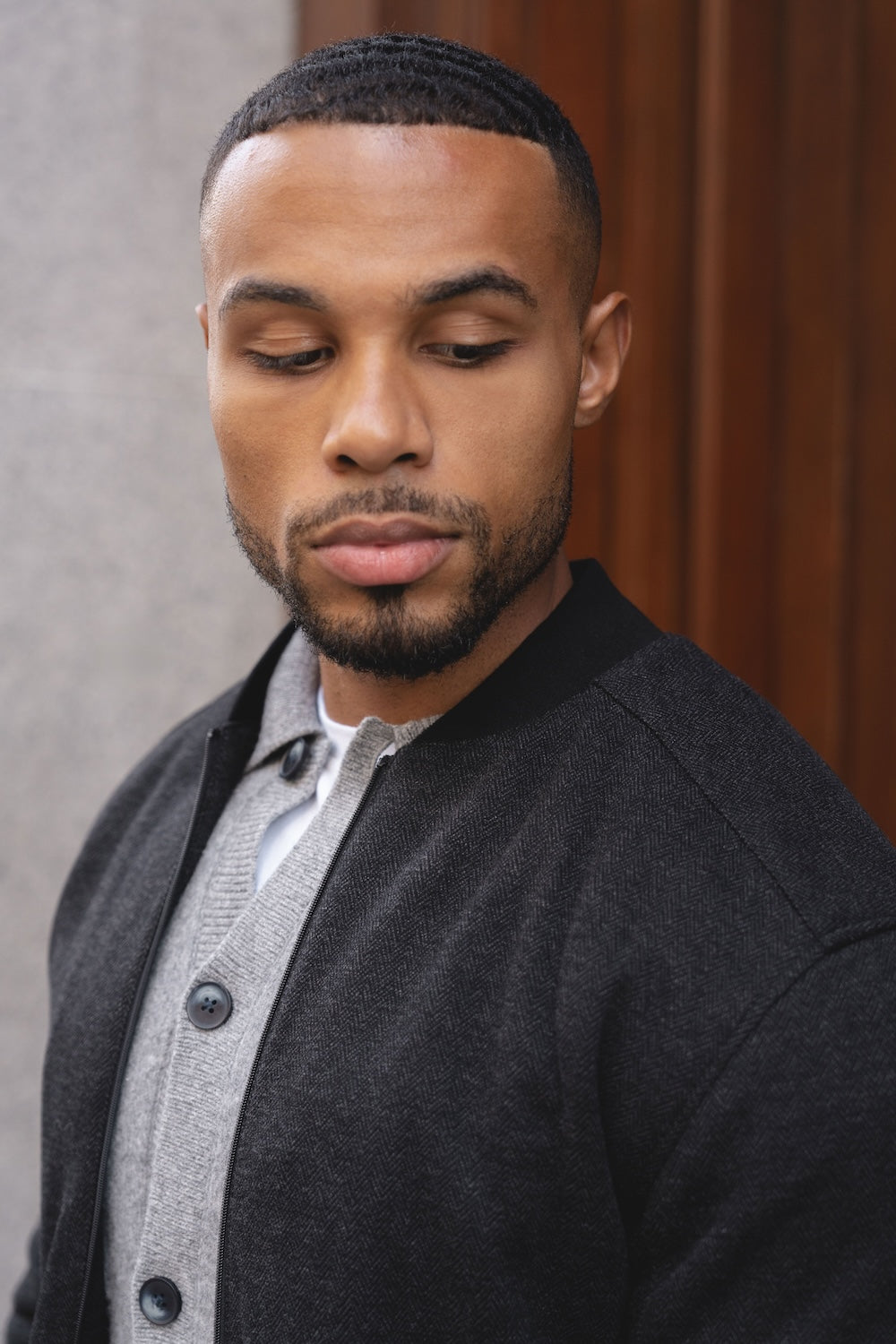 Herringbone Bomber Jacket in Dark Charcoal