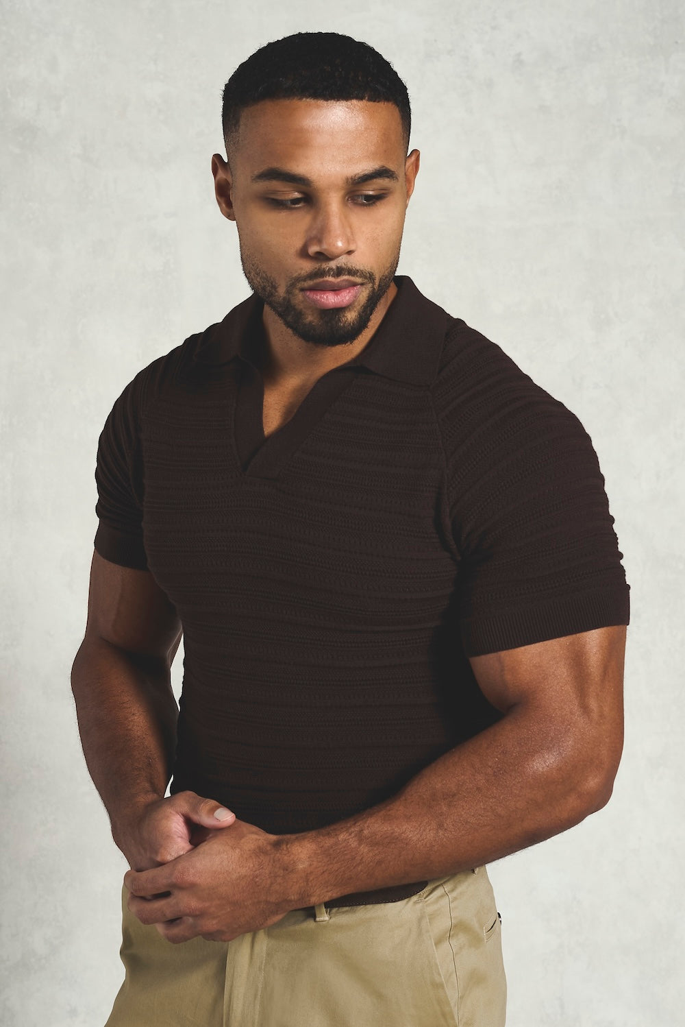 Horizontal Stripe Cotton Knitted Polo Shirt in Chocolate