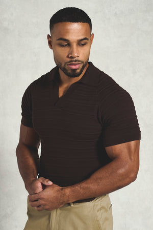 Horizontal Stripe Cotton Knitted Polo Shirt in Chocolate