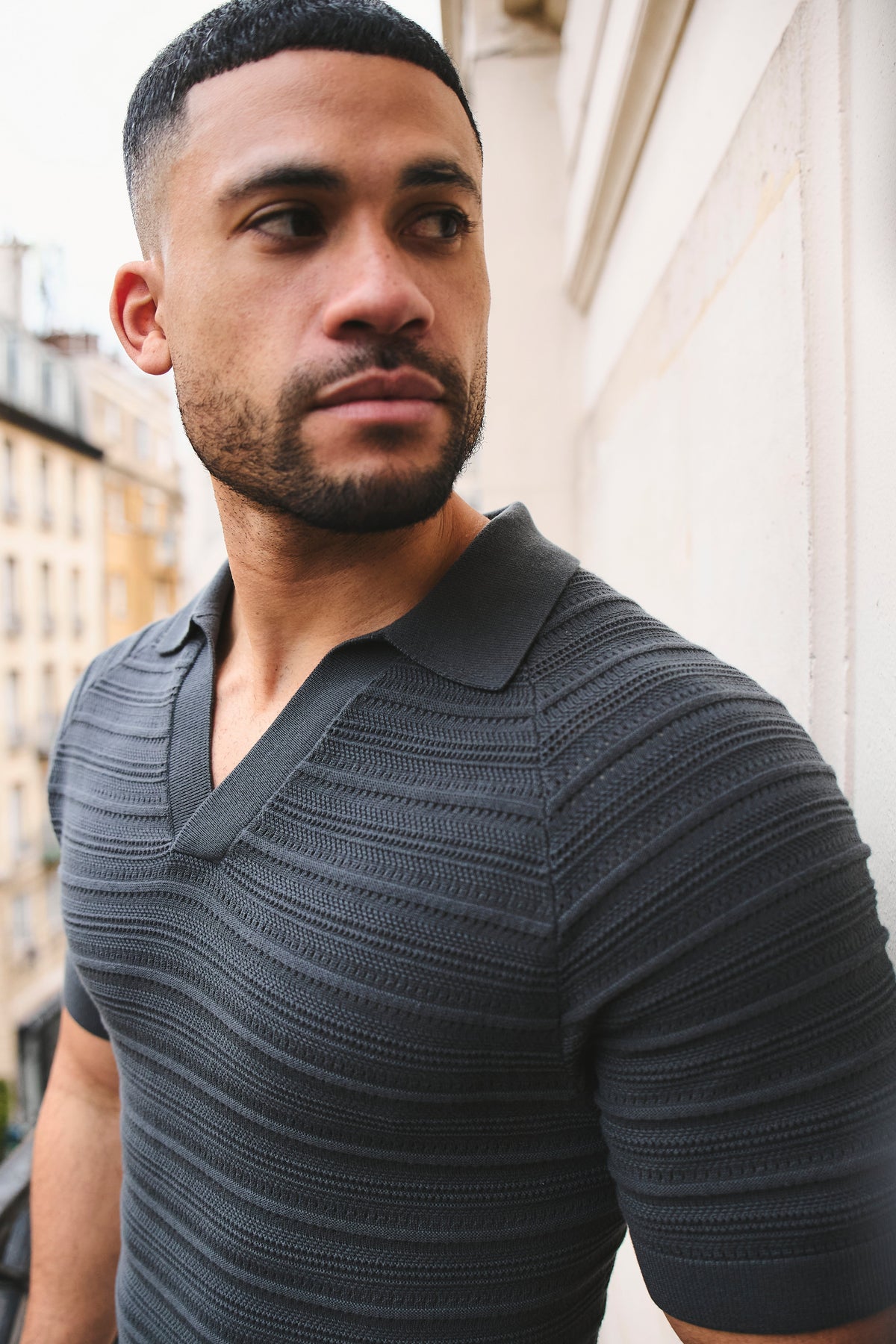 Horizontal Stripe Cotton Knitted Polo Shirt in Grey