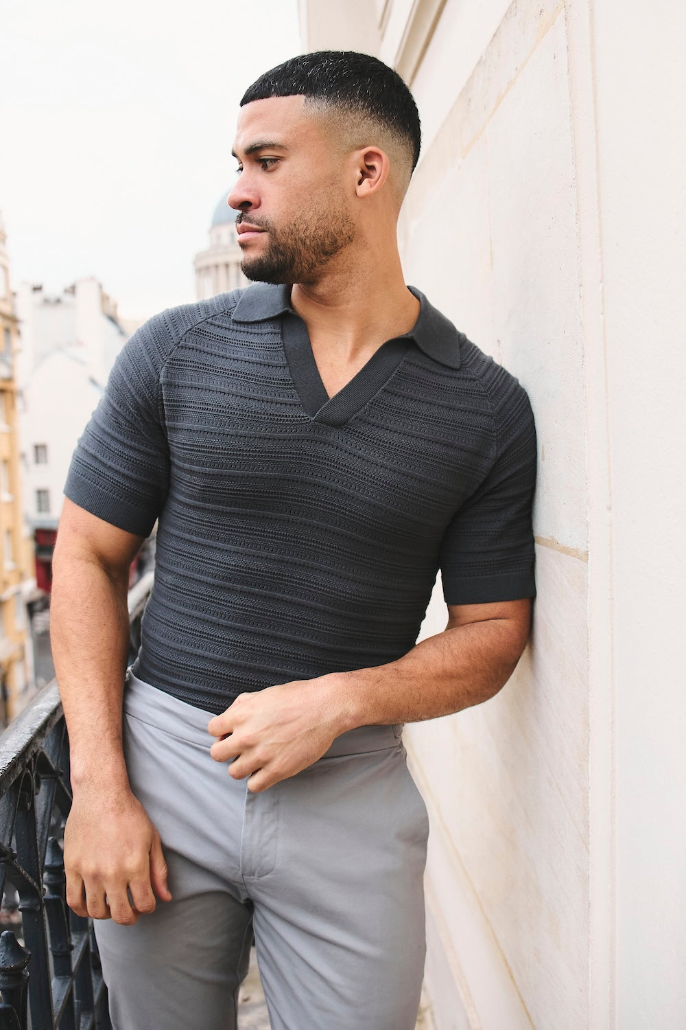 Horizontal Stripe Cotton Knitted Polo Shirt in Grey