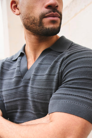 Horizontal Stripe Cotton Knitted Polo Shirt in Grey