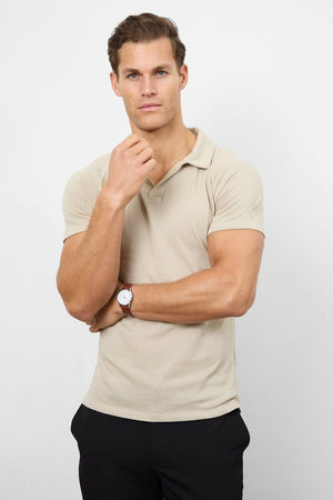 Knit Look Open Collar Polo Shirt in Stone - TAILORED ATHLETE - ROW